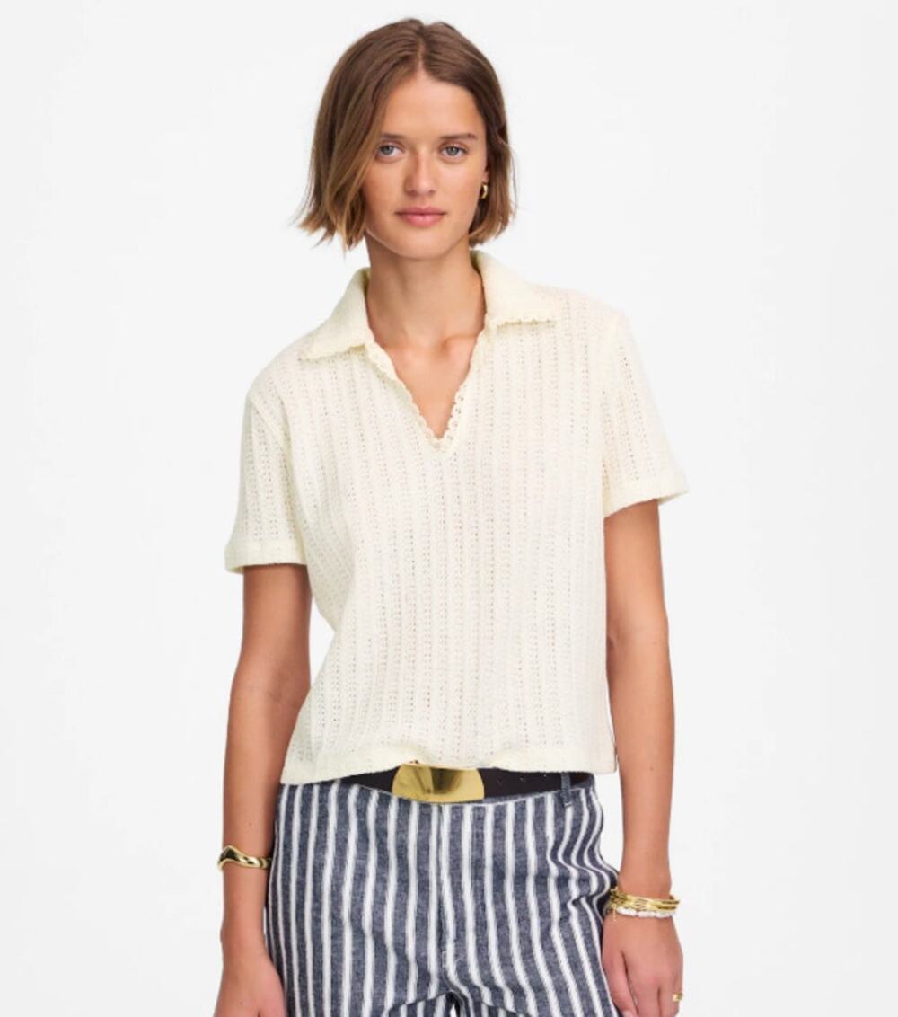 Madewell Crochet-Knit V-Neck Sweater Tee XS Vintage Ivory Short Sleeve Pullover